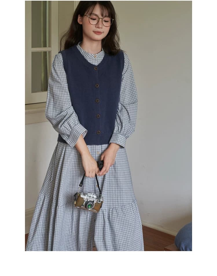 2026 가을 새로운 일식 문예 체크무늬 스탠드 칼라 패치워크 허리 수축 펌프 로프 작은 키 긴팔 드레스 여성 상세 이미지 10