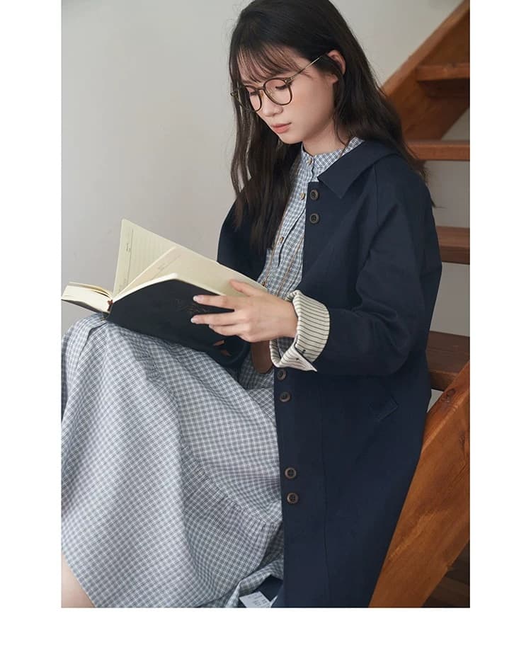 2026 가을 새로운 일식 문예 체크무늬 스탠드 칼라 패치워크 허리 수축 펌프 로프 작은 키 긴팔 드레스 여성 상세 이미지 16