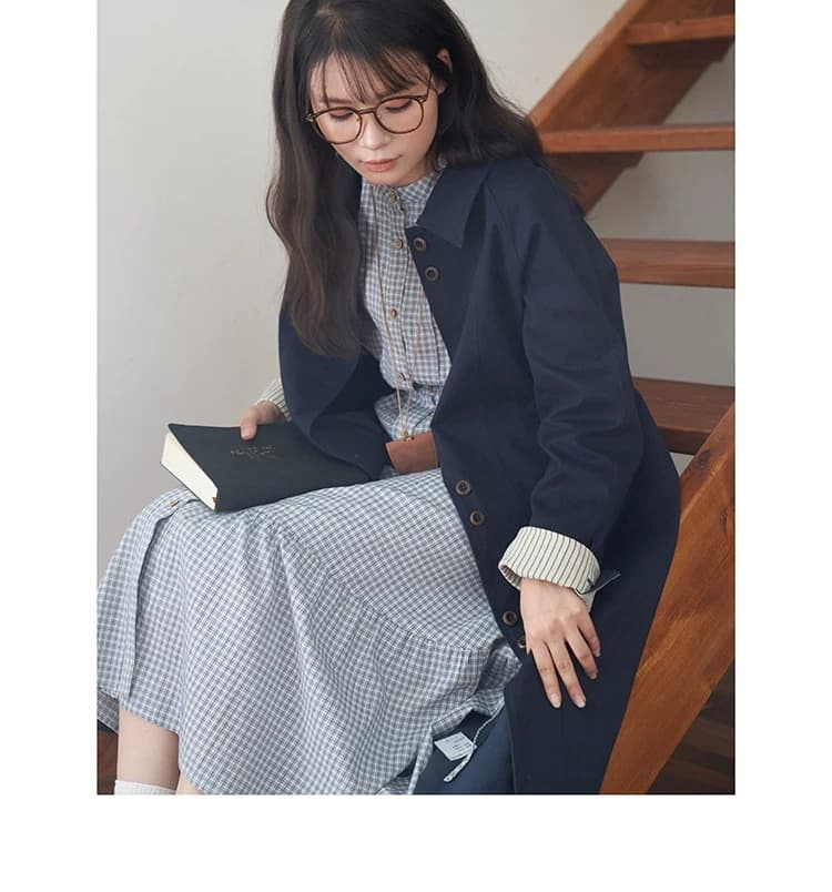 2026 가을 새로운 일식 문예 체크무늬 스탠드 칼라 패치워크 허리 수축 펌프 로프 작은 키 긴팔 드레스 여성 상세 이미지 21