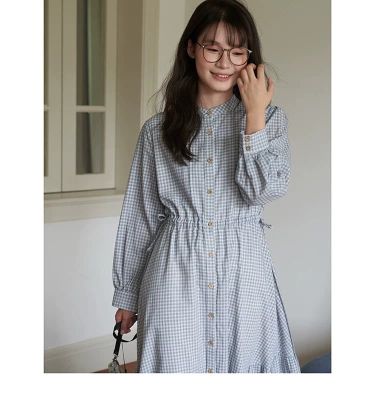 2026 가을 새로운 일식 문예 체크무늬 스탠드 칼라 패치워크 허리 수축 펌프 로프 작은 키 긴팔 드레스 여성 상세 이미지 25
