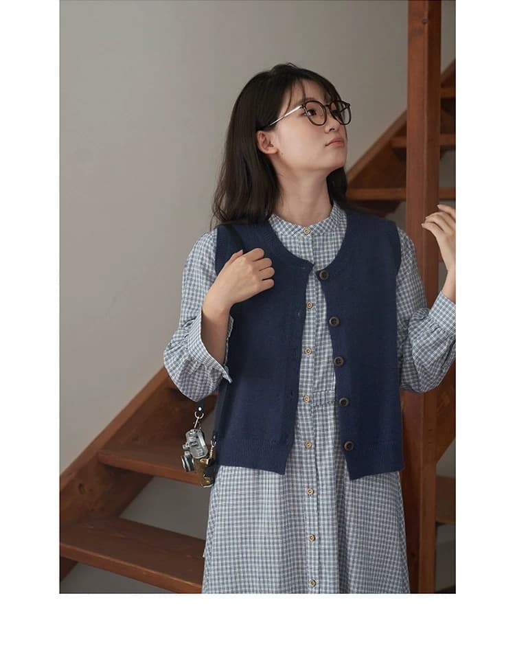 2026 가을 새로운 일식 문예 체크무늬 스탠드 칼라 패치워크 허리 수축 펌프 로프 작은 키 긴팔 드레스 여성 상세 이미지 30