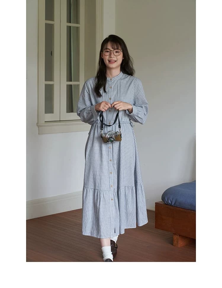 2026 가을 새로운 일식 문예 체크무늬 스탠드 칼라 패치워크 허리 수축 펌프 로프 작은 키 긴팔 드레스 여성 상세 이미지 31