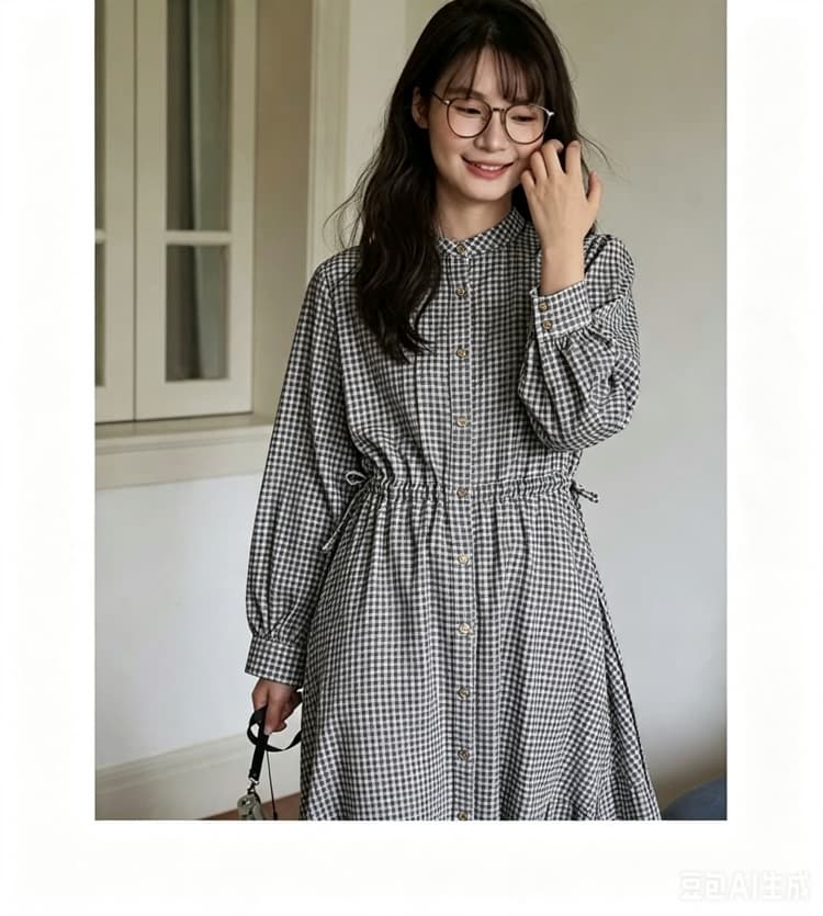 2026 가을 새로운 일식 문예 체크무늬 스탠드 칼라 패치워크 허리 수축 펌프 로프 작은 키 긴팔 드레스 여성 상세 이미지 39