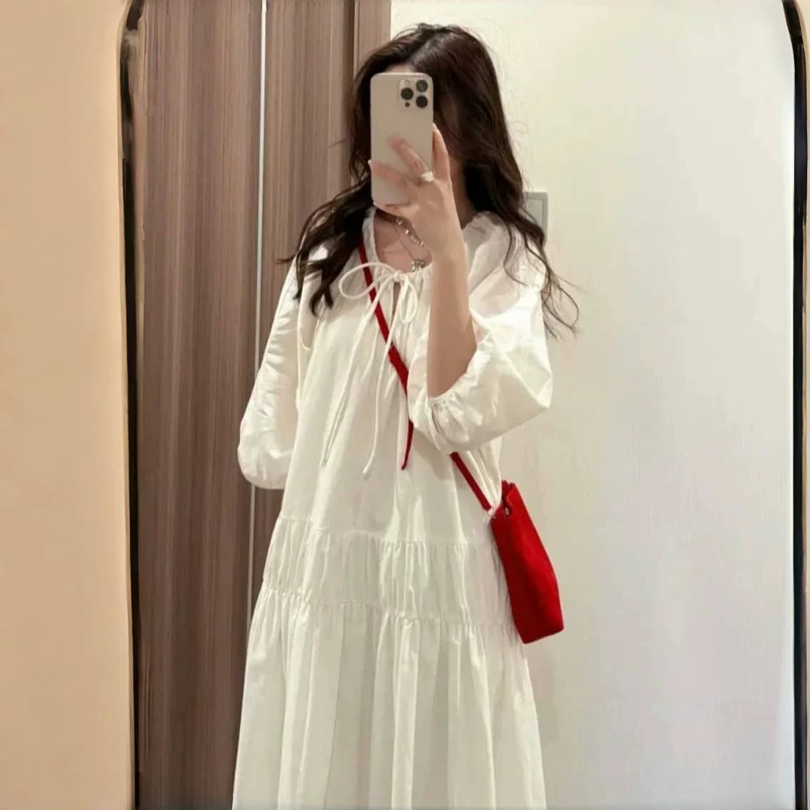 2026 가을 새로운 루즈핏 빅 사이즈 지방 mm 라운드 넥 캐주얼 다용도 슬림해 보이는 연령 감소 7부 소매 순면 드레스 상세 이미지 5