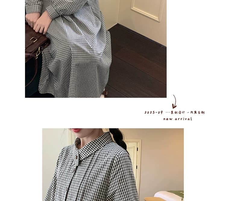2026 가을 새로운 일본식 레트로 문예 순면 체크무늬 여성 드레스 중간 길이 루즈핏 긴팔 셔츠 드레스 상세 이미지 43