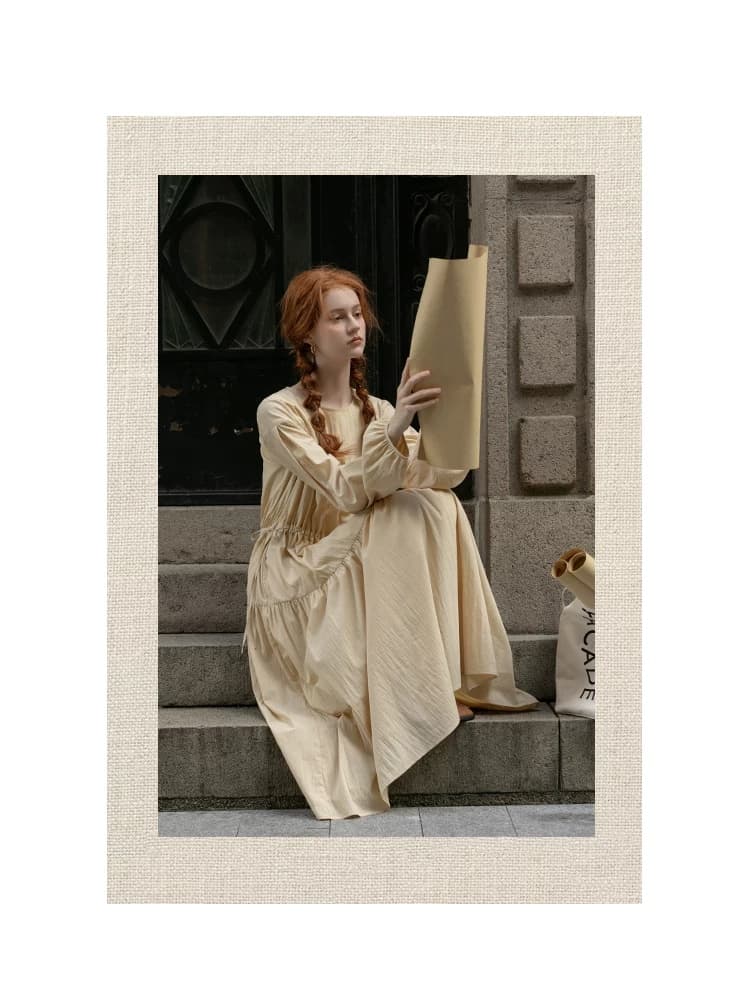 2026 년 가을 새로운 프랑스식 우아함 라운드 넥 디자인 센스 레이스업 허리 수축 슬림해 보이는 순면 긴팔 여성 드레스 상세 이미지 21