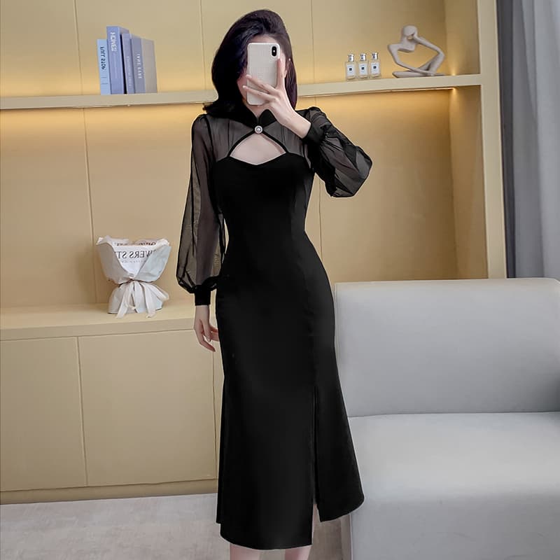 실사 새로운 품격 몸매 가꾸기 허리 수축 다용도 드레스 패션 슬림해 보이는 드레스 쉬폰 긴팔 드레스 이미지 3