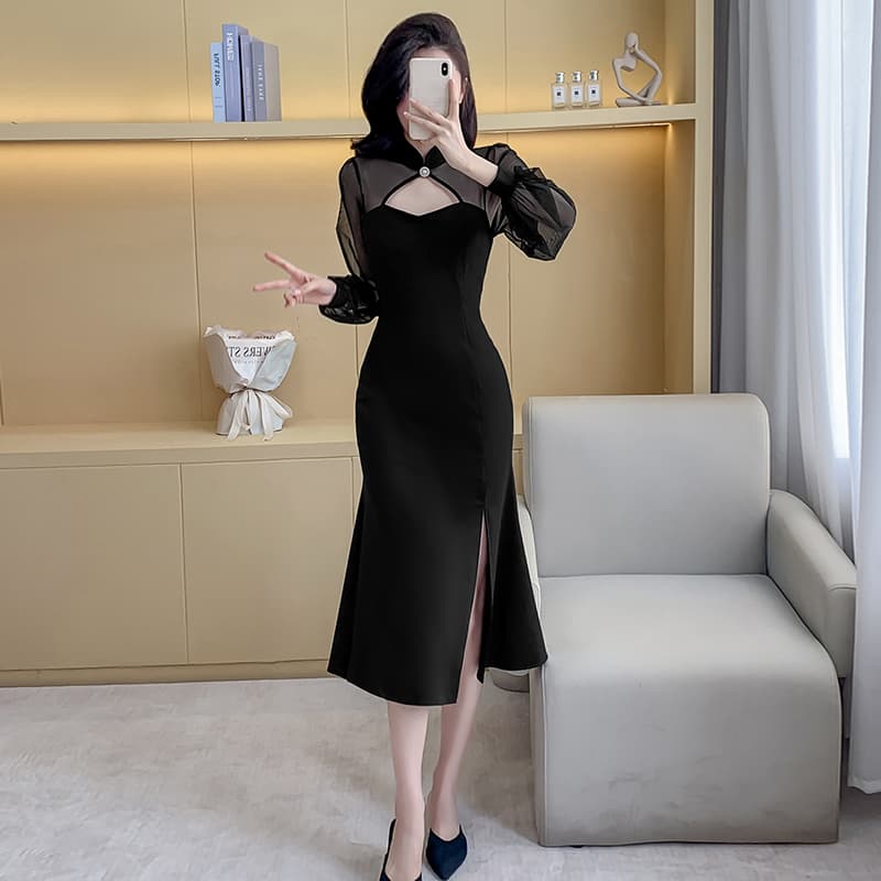 실사 새로운 품격 몸매 가꾸기 허리 수축 다용도 드레스 패션 슬림해 보이는 드레스 쉬폰 긴팔 드레스 이미지 5