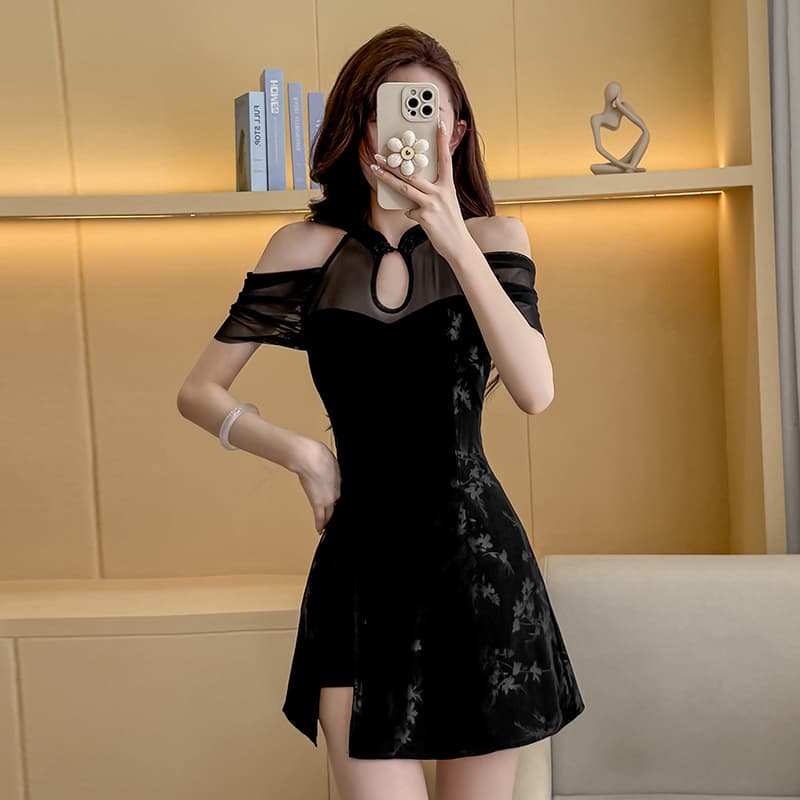 실사 새로운 소녀 국풍 고급 센스 망사 드레스 치파오 몸매 가꾸기 타이트 스커트 점프 슈트 치마 세트 이미지 2