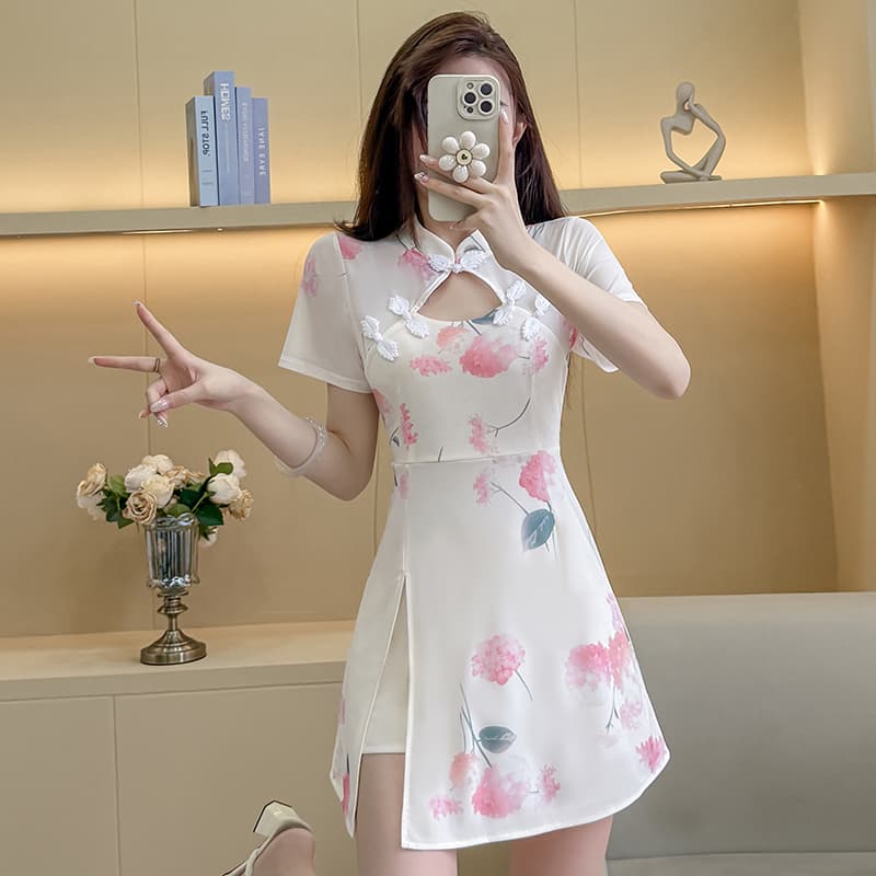 실사 새로운 소녀 국풍 고급 센스 망사 드레스 치파오 몸매 가꾸기 타이트 스커트 점프 슈트 치마 세트 이미지 2