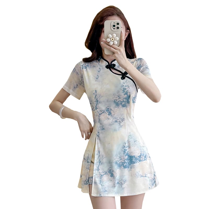실사 새로운 소녀 국풍 고급 센스 망사 드레스 치파오 몸매 가꾸기 타이트 스커트 점프 슈트 치마 세트 이미지 6