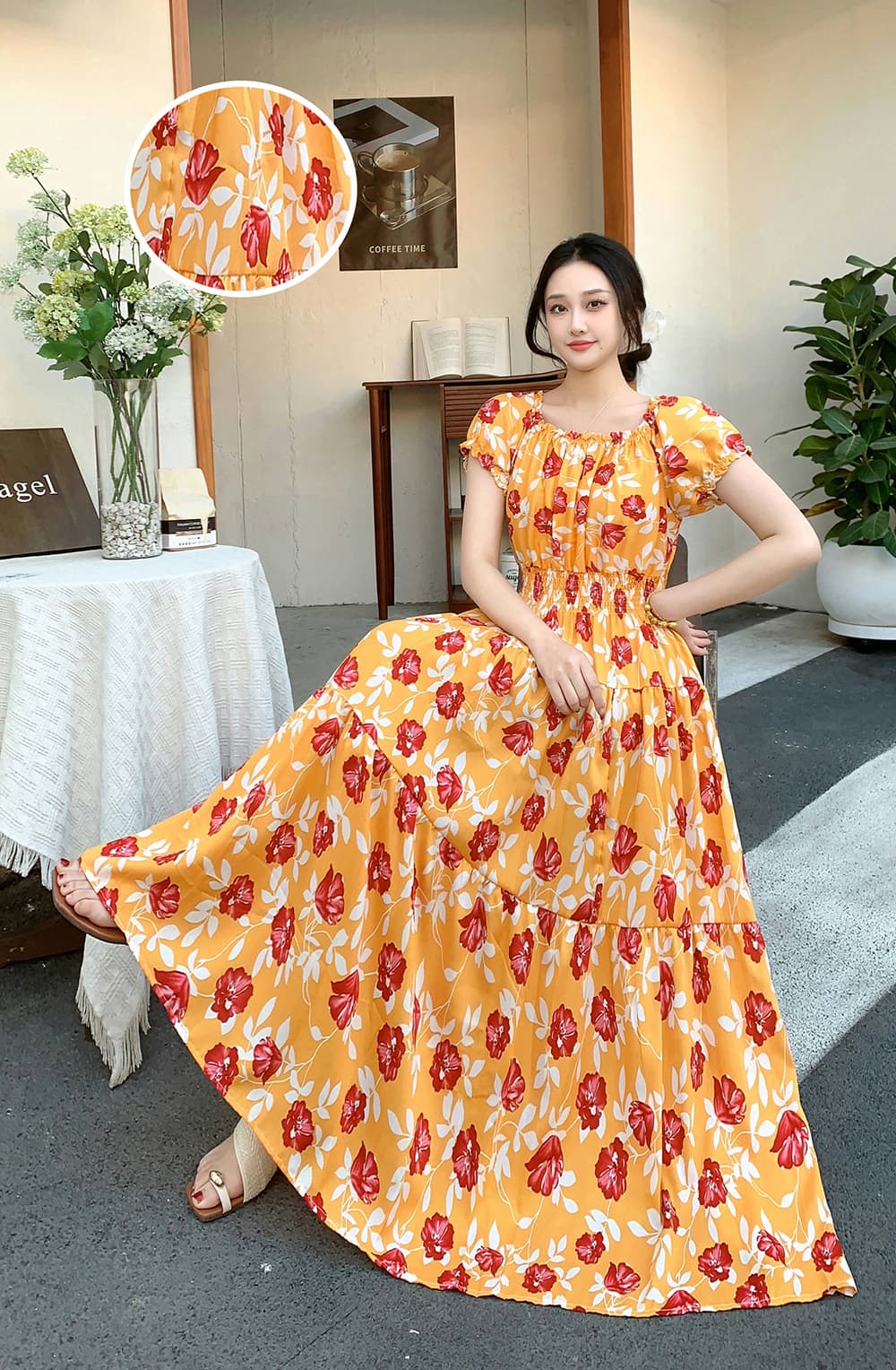 26 년 새로운 꽃 사람들 면 실크 꽃무늬 오프숄더 드레스 허리밴드 해변 치마 보헤미안 길다 치마 상세 이미지 14