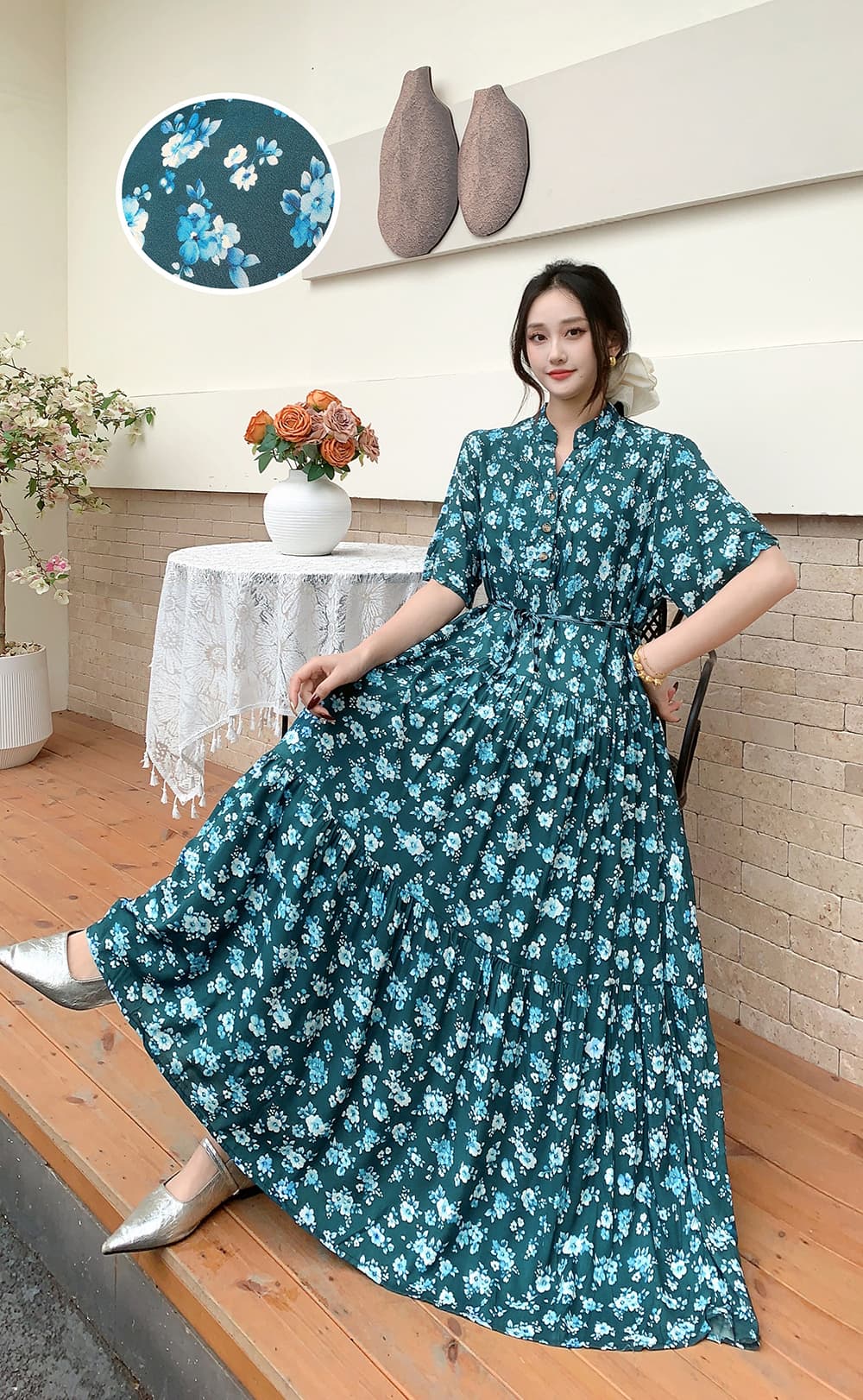 대외 무역 여름 보헤미안 사람들 면 실크 꽃무늬 드레스 허리밴드 해변 여행 임산부 우아함 길다 치마 상세 이미지 22