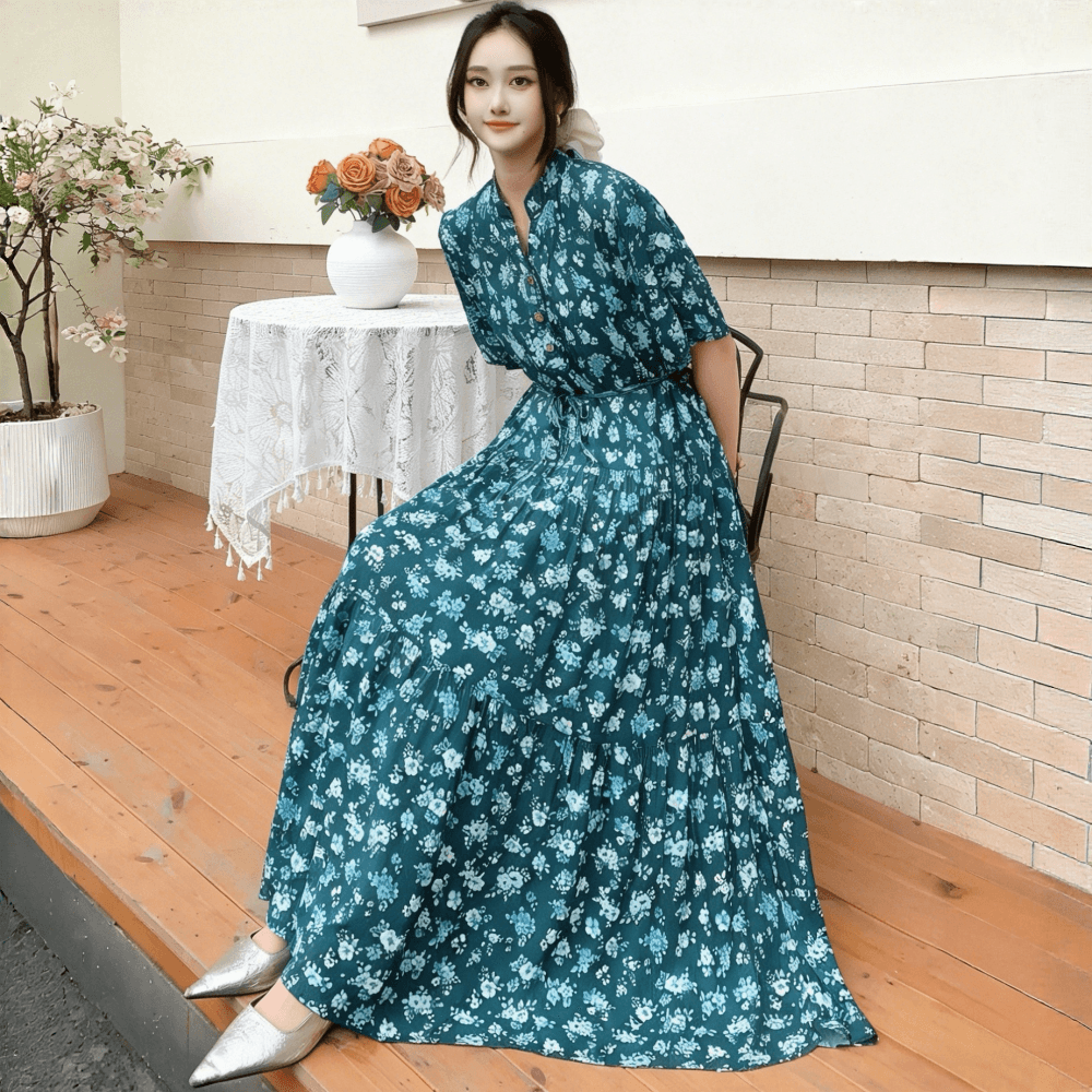 국경 간 슬림해 보이는 면 실크 꽃무늬 드레스 보헤미안 허리밴드 해변 여행 마이크로 지방 임산부 여름 길다 치마 이미지 3