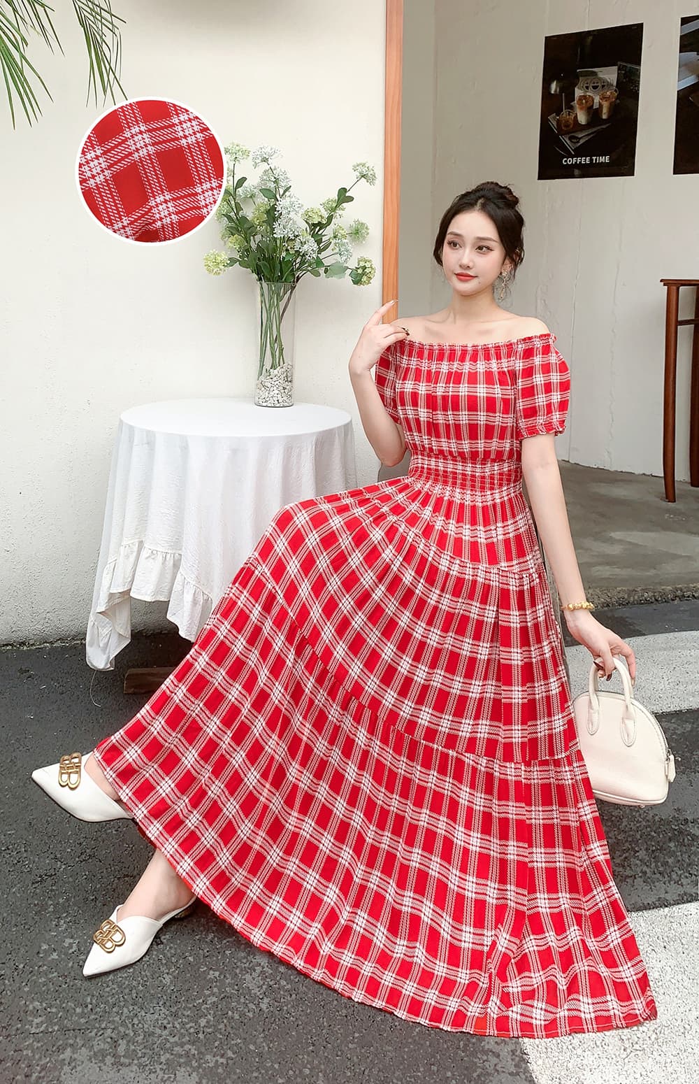 26 년 새로운 꽃 사람들 면 실크 꽃무늬 오프숄더 드레스 허리밴드 해변 치마 보헤미안 길다 치마 상세 이미지 2