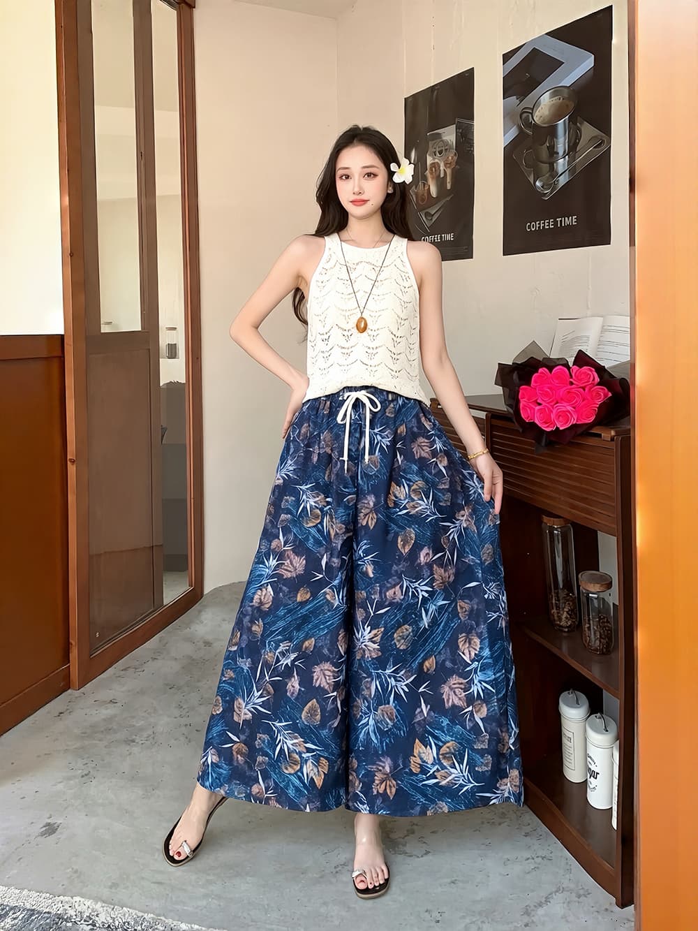 국경 간 여름 꽃무늬 면 린넨 보헤미안 민족 스타일 캐주얼 와이드 레그 팬츠 해변 빅 사이즈 임산부 슬림해 보이는 바지 상세 이미지 2