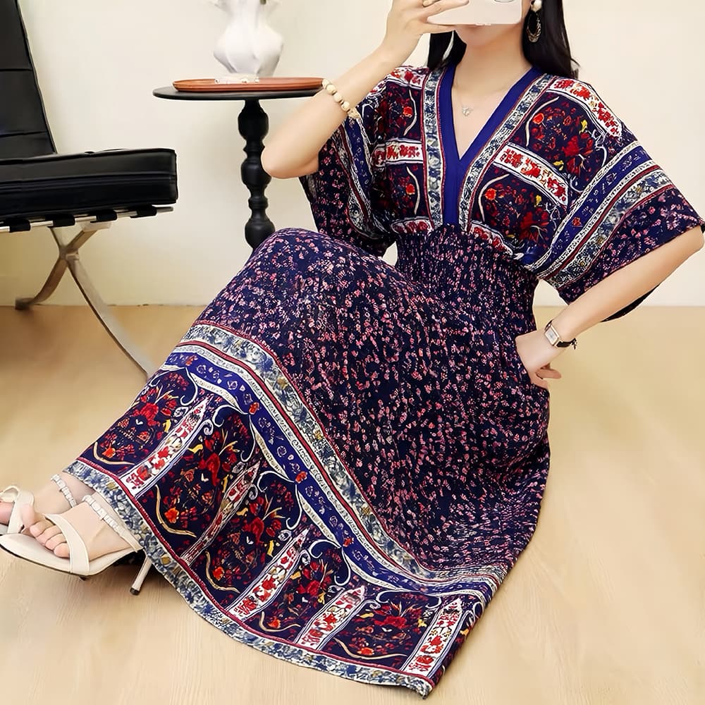 국경 간 보헤미안 민족 스타일 V넥 면 실크 5 점 소매 해변 드레스 여행 드레스 프린트 꽃무늬 치마 상세 이미지 9
