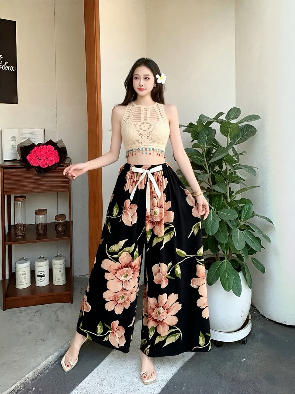 국경 간 대외 무역 보헤미안 민족 스타일 프린트 후아 서울 면 와이드 레그 팬츠 9부 바지 여성 여행 휴가 바지 상세 이미지 16