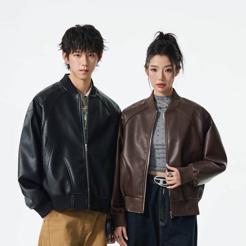 가을 새로운 작은 대중 버블 가죽 pu 오토바이 스트리트 패션 트렌드 일본식 중성 바람 폴로 칼라 재킷 이미지 3