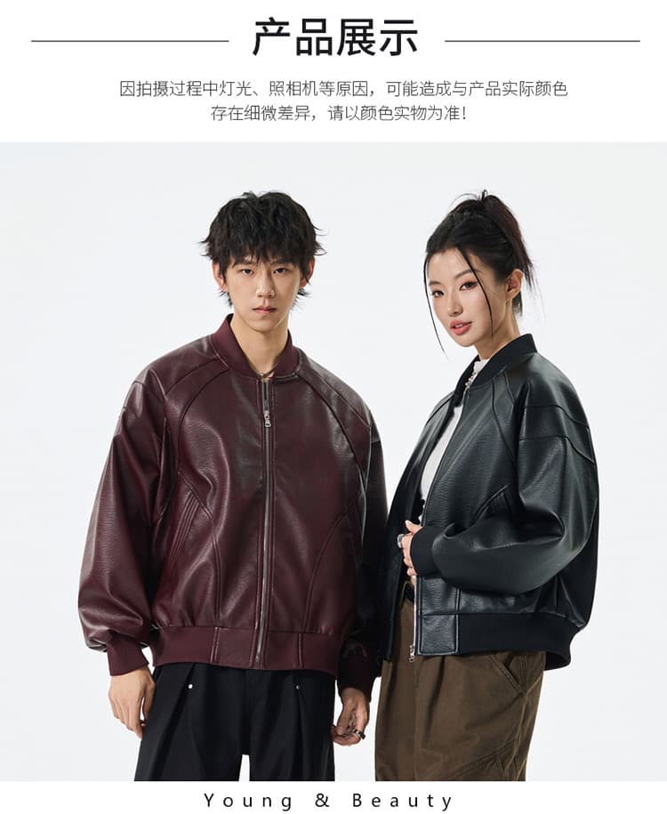 가을 새로운 작은 대중 버블 가죽 pu 오토바이 스트리트 패션 트렌드 일본식 중성 바람 폴로 칼라 재킷 상세 이미지 9