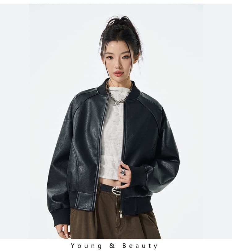 가을 새로운 작은 대중 버블 가죽 pu 오토바이 스트리트 패션 트렌드 일본식 중성 바람 폴로 칼라 재킷 상세 이미지 18
