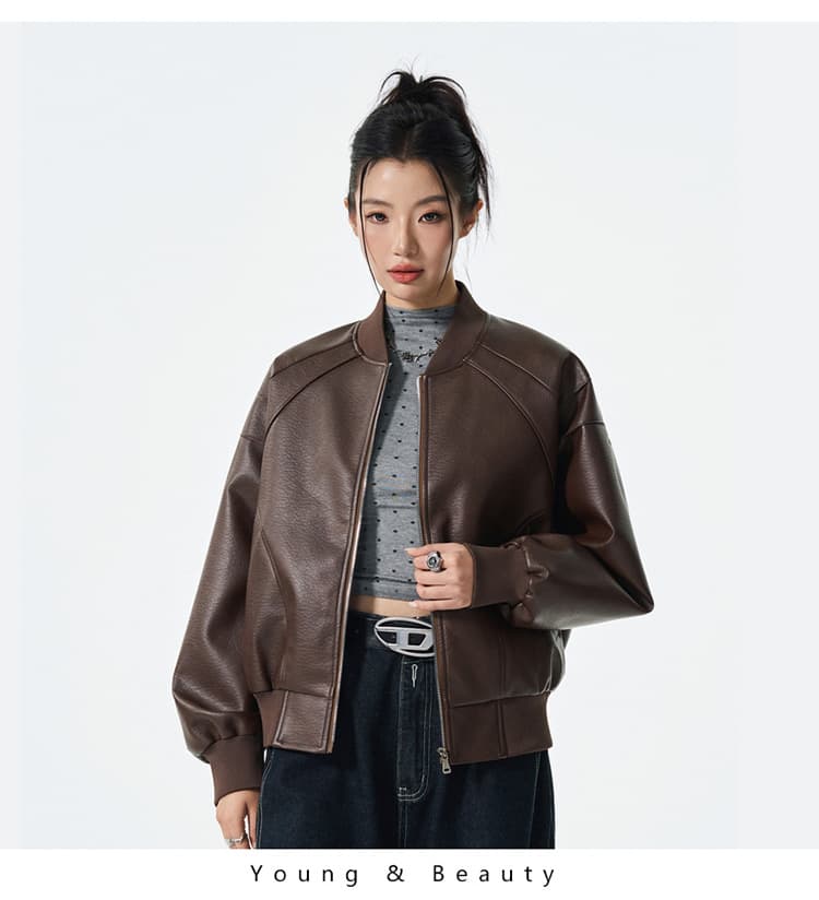 가을 새로운 작은 대중 버블 가죽 pu 오토바이 스트리트 패션 트렌드 일본식 중성 바람 폴로 칼라 재킷 상세 이미지 23