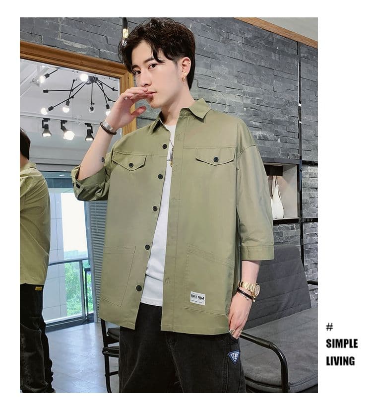 가을 캐주얼 반팔 셔츠 남성 한국 스타일 트렌드 7부 소매 셔츠 악당 잘 생긴 워크웨어 옷 일본식 재킷 상세 이미지 28