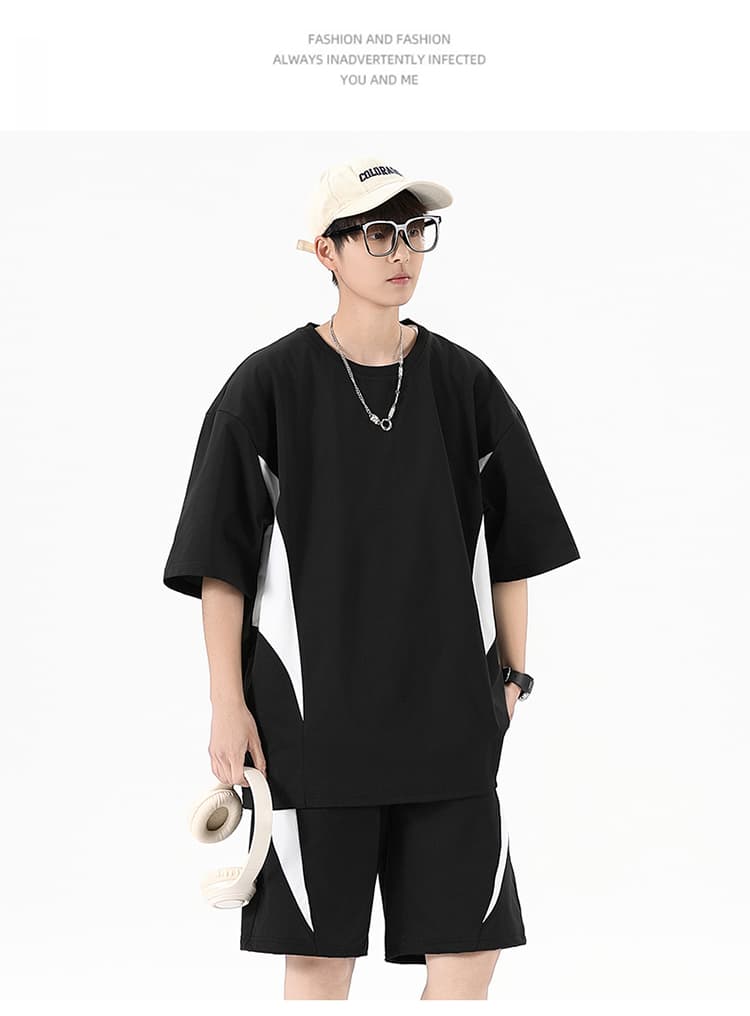 새로운 여름 패치워크 색상 캐주얼 스포츠 슈트 남자 청소년 조수 브랜드 악당 잘 생긴 반팔 반바지 세트 상세 이미지 9