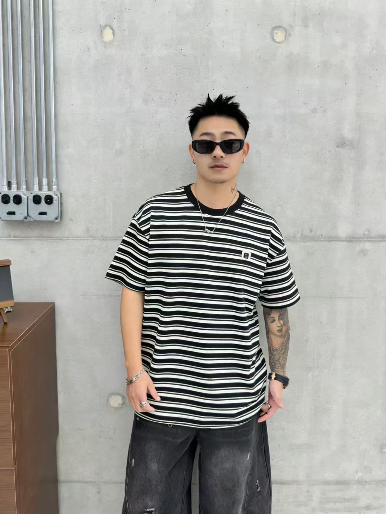 높은 품질 스트라이프 프로 피부 청소년 트렌디 에디션 t 로마 실광택 코튼 조수 브랜드 캐주얼 루즈핏 티셔츠 이미지 3