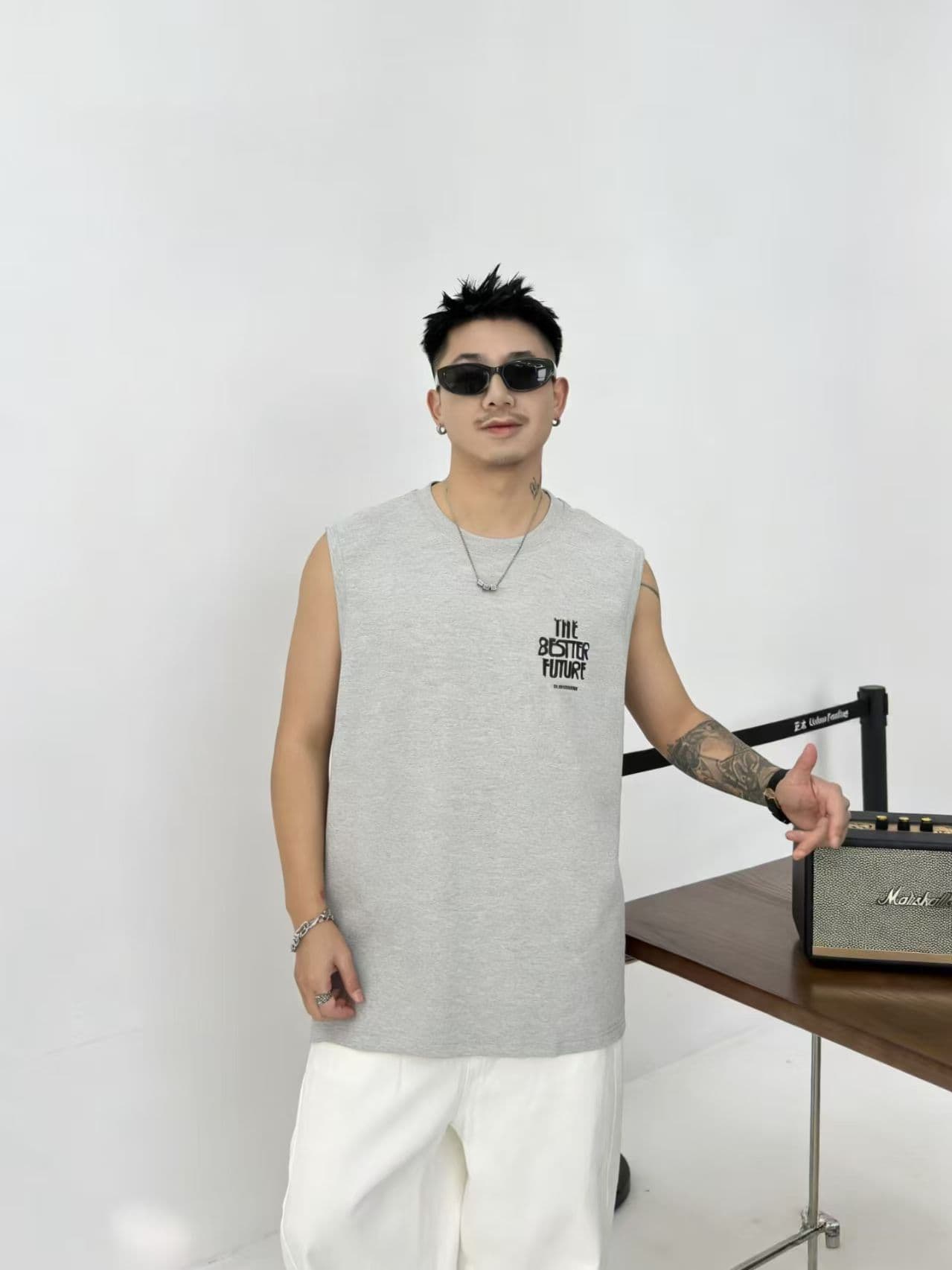 높은 품질 면 프로 피부 통기성 청소년 트렌디 에디션 양면 프린트 로마 실광택 코튼 조수 브랜드 캐주얼 루즈핏 조끼 상세 이미지 7