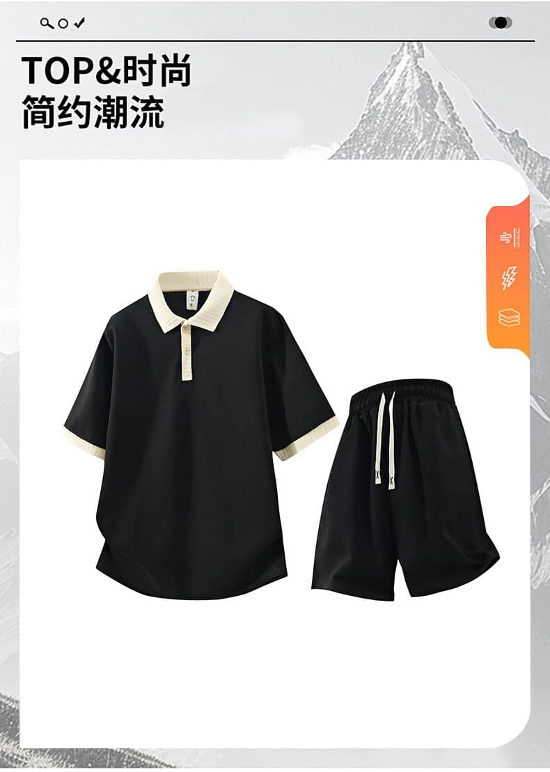 세트 반바지 반팔 배색 폴로 칼라 POLO 셔츠 소년 여름 신축성 프로 피부 티셔츠 캐주얼 단색 다용도 맨위 상세 이미지 1