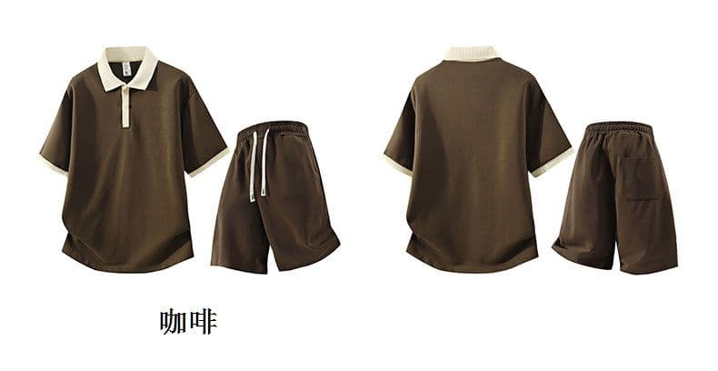 세트 반바지 반팔 배색 폴로 칼라 POLO 셔츠 소년 여름 신축성 프로 피부 티셔츠 캐주얼 단색 다용도 맨위 상세 이미지 5