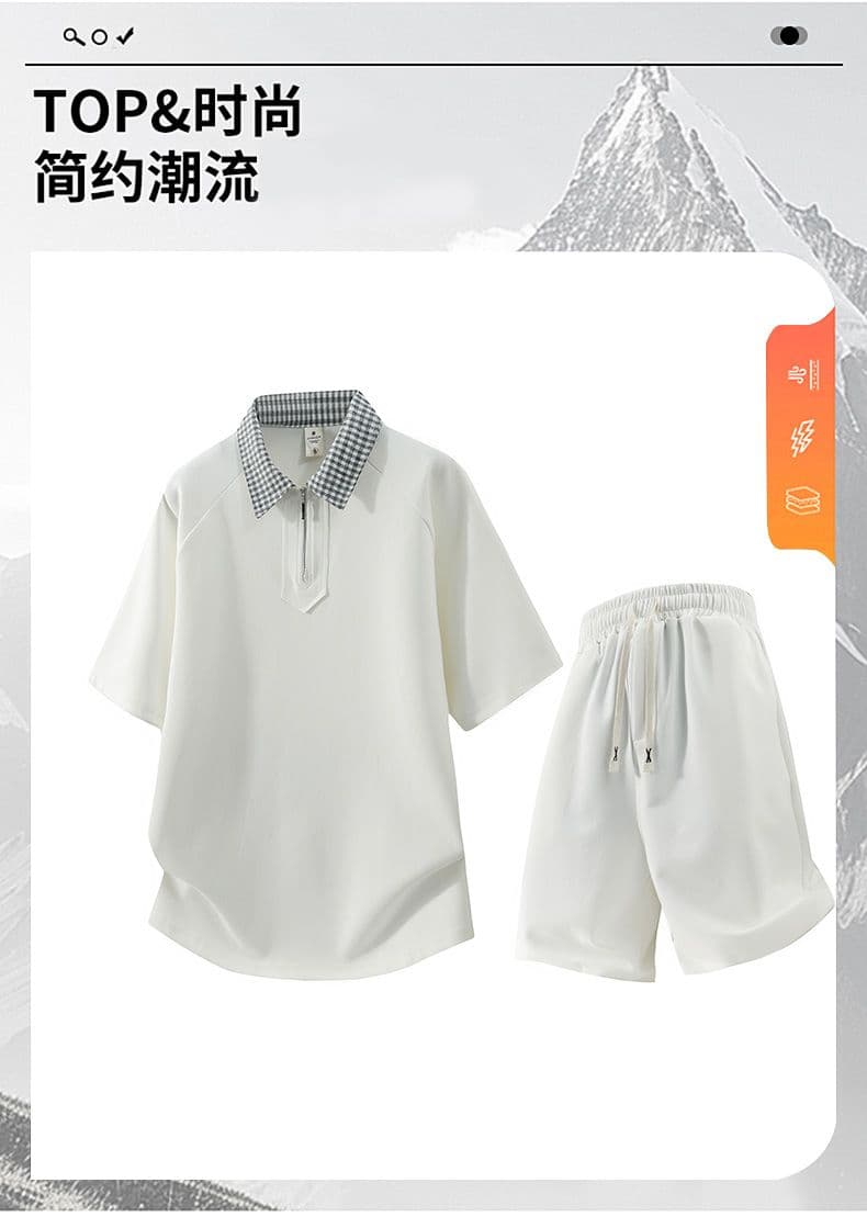 세트 반바지 반팔 신축성 하프 지퍼 패치워크 색상 칼라 POLO 셔츠 여름 트렌디 폴로 칼라 티셔츠 다용도 단색 맨위 상세 이미지 1