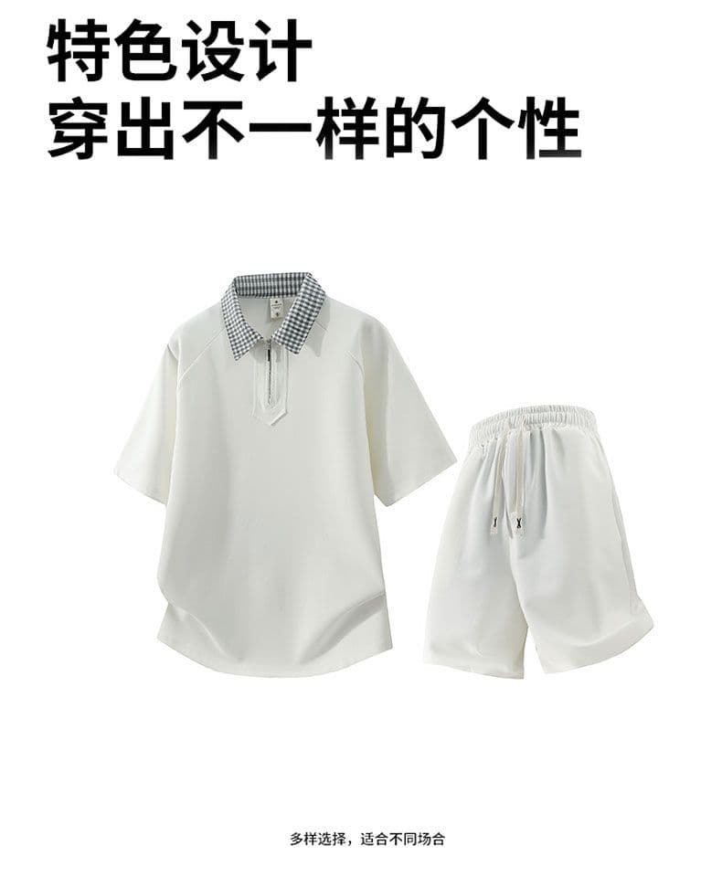 세트 반바지 반팔 신축성 하프 지퍼 패치워크 색상 칼라 POLO 셔츠 여름 트렌디 폴로 칼라 티셔츠 다용도 단색 맨위 상세 이미지 19