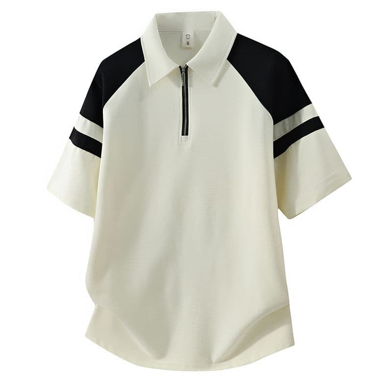 POLO 셔츠 레트로 폴로 칼라 반팔 소년 여름 루즈핏 캐주얼 공예 하프 지퍼 섹션 패치워크 색상 티셔츠 남자 맨위