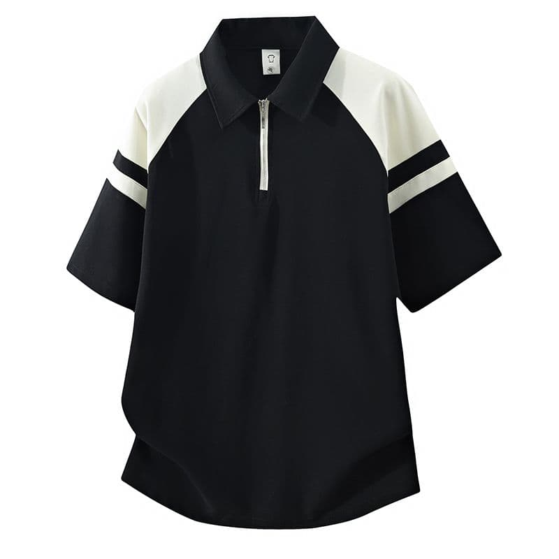 POLO 셔츠 레트로 폴로 칼라 반팔 소년 여름 루즈핏 캐주얼 공예 하프 지퍼 섹션 패치워크 색상 티셔츠 남자 맨위 이미지 4
