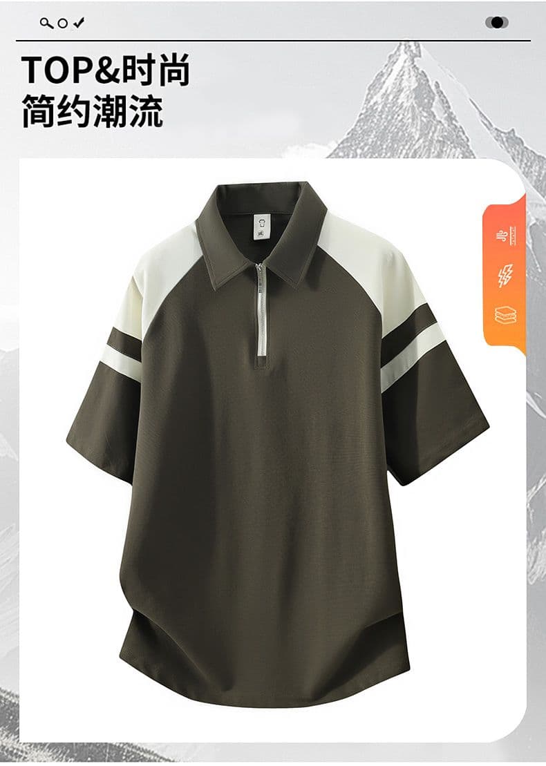 POLO 셔츠 레트로 폴로 칼라 반팔 소년 여름 루즈핏 캐주얼 공예 하프 지퍼 섹션 패치워크 색상 티셔츠 남자 맨위 상세 이미지 1