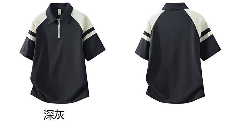 POLO 셔츠 레트로 폴로 칼라 반팔 소년 여름 루즈핏 캐주얼 공예 하프 지퍼 섹션 패치워크 색상 티셔츠 남자 맨위 상세 이미지 3