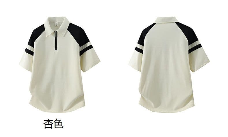 POLO 셔츠 레트로 폴로 칼라 반팔 소년 여름 루즈핏 캐주얼 공예 하프 지퍼 섹션 패치워크 색상 티셔츠 남자 맨위 상세 이미지 4