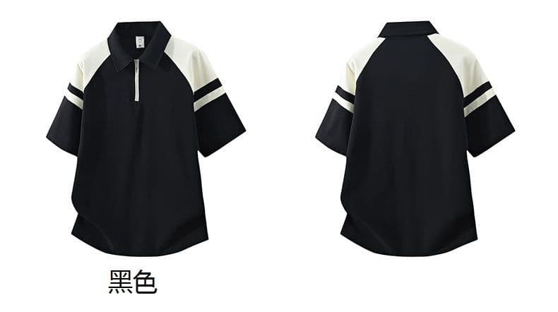 POLO 셔츠 레트로 폴로 칼라 반팔 소년 여름 루즈핏 캐주얼 공예 하프 지퍼 섹션 패치워크 색상 티셔츠 남자 맨위 상세 이미지 5
