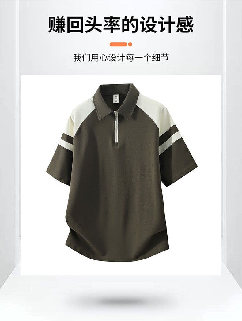 POLO 셔츠 레트로 폴로 칼라 반팔 소년 여름 루즈핏 캐주얼 공예 하프 지퍼 섹션 패치워크 색상 티셔츠 남자 맨위 상세 이미지 14
