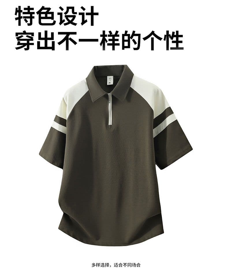 POLO 셔츠 레트로 폴로 칼라 반팔 소년 여름 루즈핏 캐주얼 공예 하프 지퍼 섹션 패치워크 색상 티셔츠 남자 맨위 상세 이미지 19
