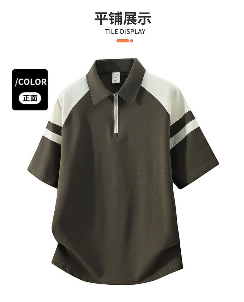 POLO 셔츠 레트로 폴로 칼라 반팔 소년 여름 루즈핏 캐주얼 공예 하프 지퍼 섹션 패치워크 색상 티셔츠 남자 맨위 상세 이미지 20