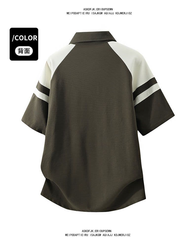 POLO 셔츠 레트로 폴로 칼라 반팔 소년 여름 루즈핏 캐주얼 공예 하프 지퍼 섹션 패치워크 색상 티셔츠 남자 맨위 상세 이미지 21