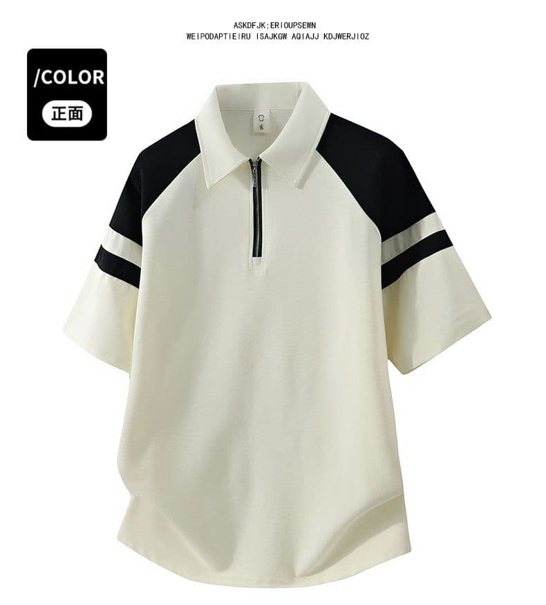 POLO 셔츠 레트로 폴로 칼라 반팔 소년 여름 루즈핏 캐주얼 공예 하프 지퍼 섹션 패치워크 색상 티셔츠 남자 맨위 상세 이미지 24