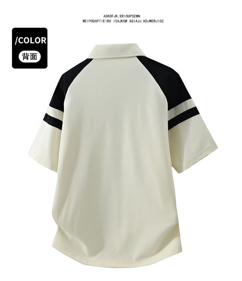 POLO 셔츠 레트로 폴로 칼라 반팔 소년 여름 루즈핏 캐주얼 공예 하프 지퍼 섹션 패치워크 색상 티셔츠 남자 맨위 상세 이미지 25