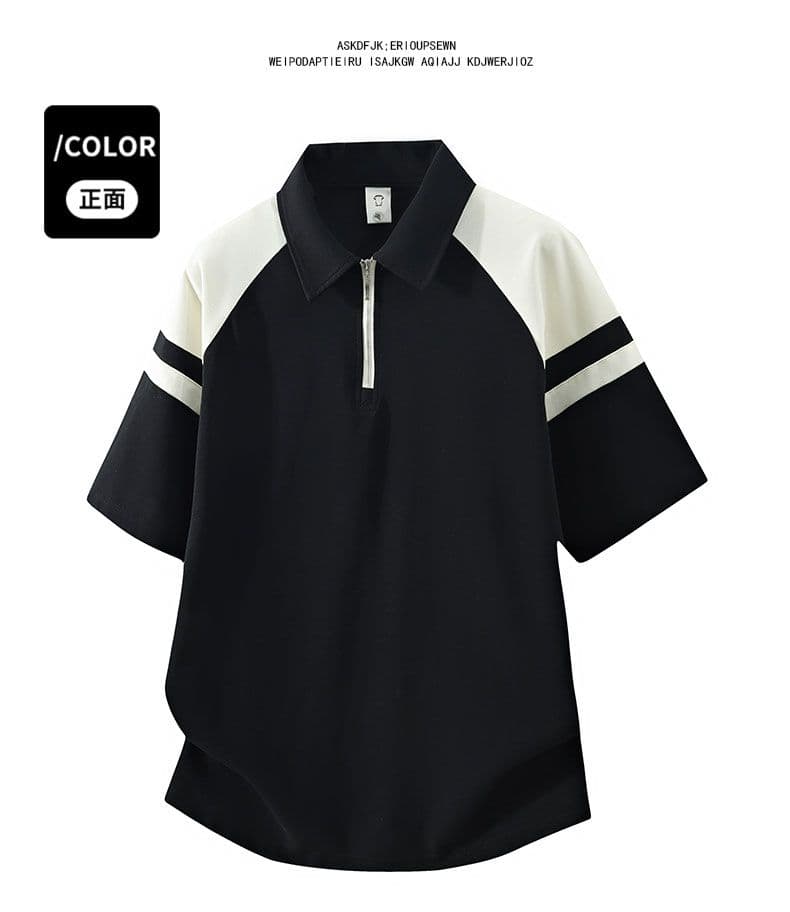 POLO 셔츠 레트로 폴로 칼라 반팔 소년 여름 루즈핏 캐주얼 공예 하프 지퍼 섹션 패치워크 색상 티셔츠 남자 맨위 상세 이미지 26