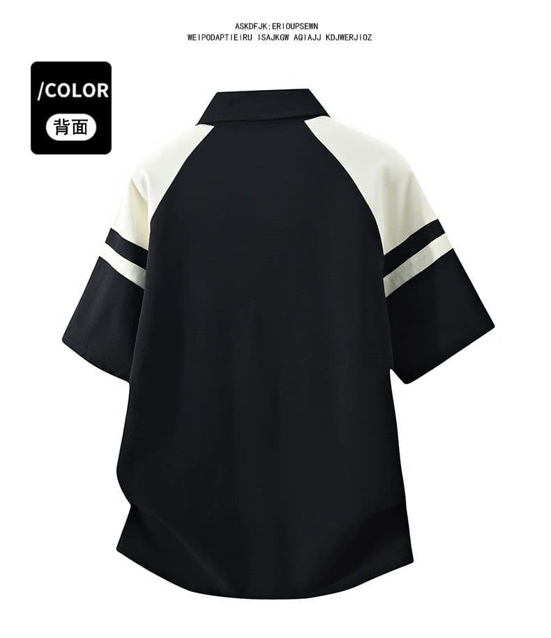 POLO 셔츠 레트로 폴로 칼라 반팔 소년 여름 루즈핏 캐주얼 공예 하프 지퍼 섹션 패치워크 색상 티셔츠 남자 맨위 상세 이미지 27