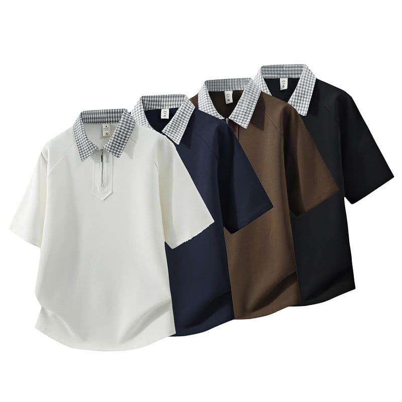 조수 브랜드 아메리칸 티셔츠 하프 지퍼 디자인 센스 반팔 POLO 셔츠 남성 루즈핏 캐주얼 단색 폴로 칼라 남자 맨위 이미지 4