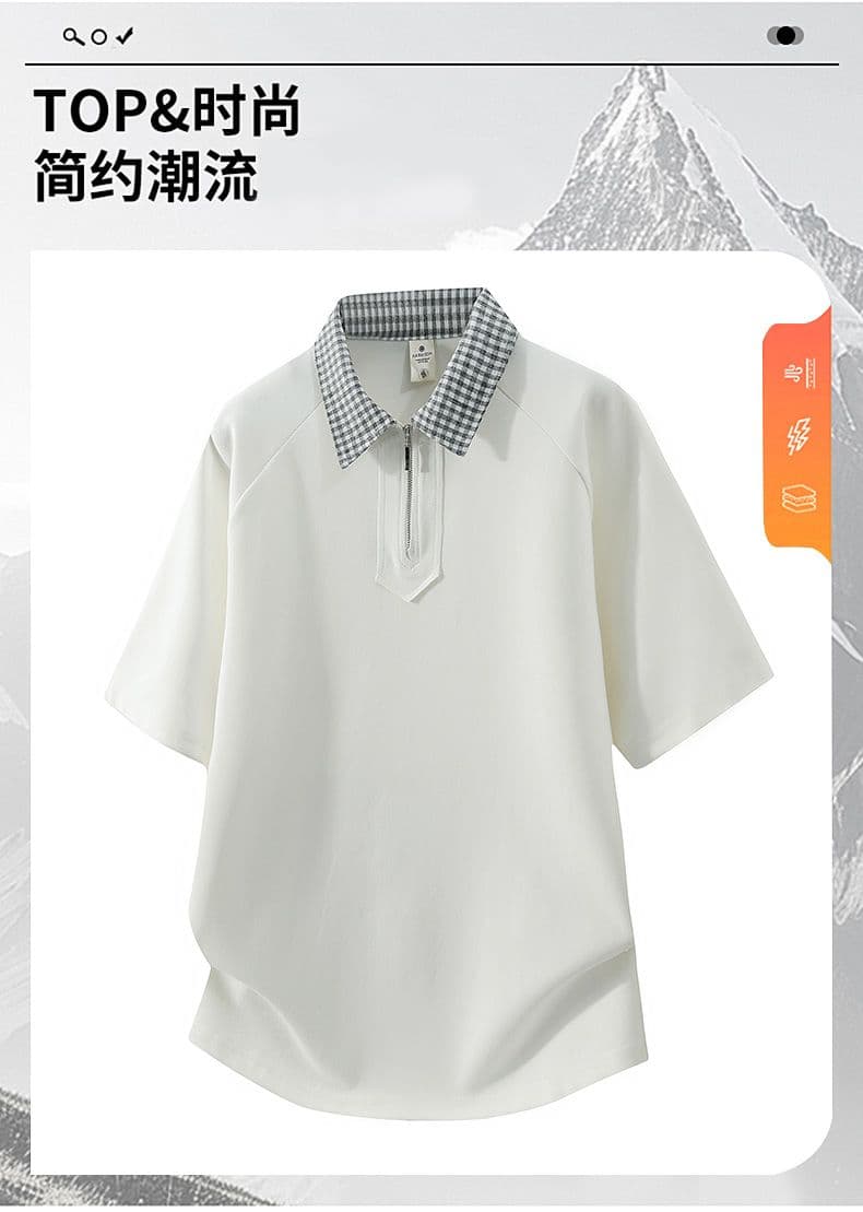 조수 브랜드 아메리칸 티셔츠 하프 지퍼 디자인 센스 반팔 POLO 셔츠 남성 루즈핏 캐주얼 단색 폴로 칼라 남자 맨위 상세 이미지 1